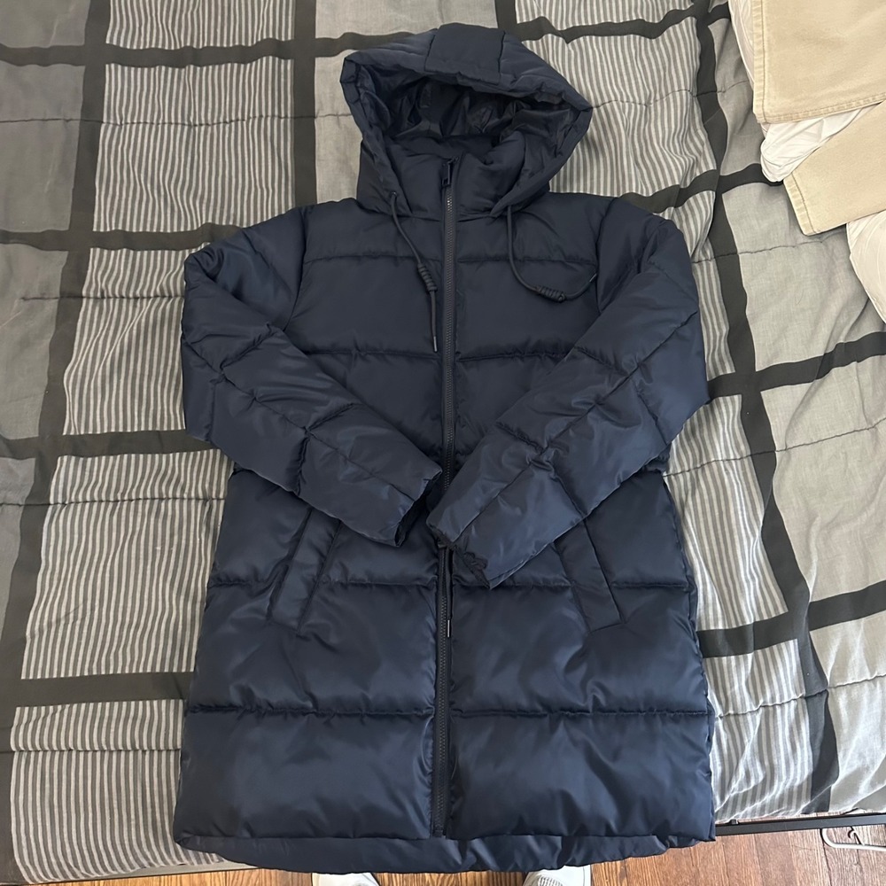 Rebecca Minkoff Navy Hooded Long Puffer Coat Women's Small PPS Sample Fall 2025